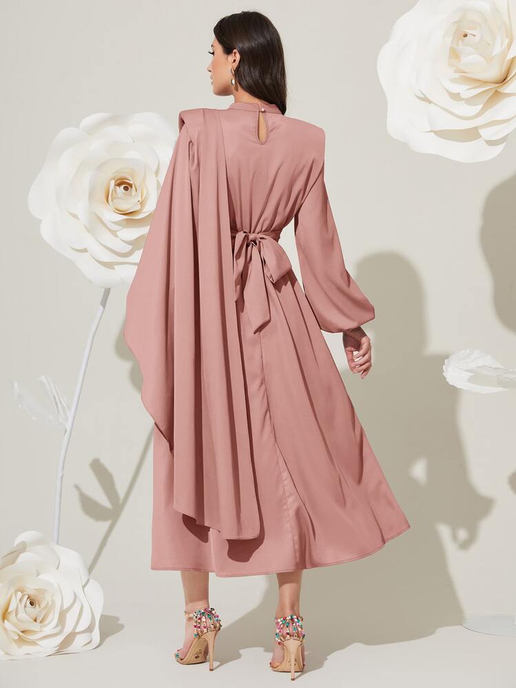 Modelyn 高领长灯笼袖褶饰腰部端庄连衣裙 - 藕粉色 - 查看 2