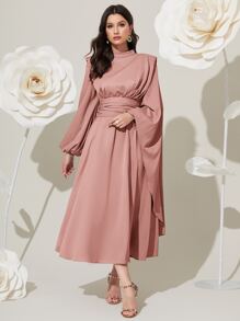 Modelyn 高领长灯笼袖褶饰腰部端庄连衣裙 - 藕粉色 - 查看 5