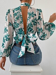 Firerie 印花後背繫帶燈籠袖短款襯衫 - 綠色 - 查看 1