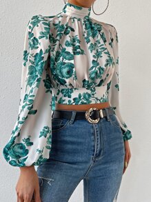 Firerie 印花後背繫帶燈籠袖短款襯衫 - 綠色 - 查看 2