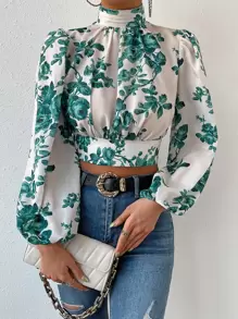 Firerie 印花後背繫帶燈籠袖短款襯衫 - 綠色 - 查看 3