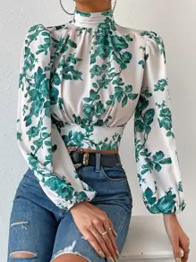 Firerie 印花後背繫帶燈籠袖短款襯衫 - 綠色 - 查看 6