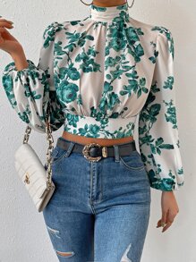 Firerie 印花後背繫帶燈籠袖短款襯衫 - 綠色 - 查看 7