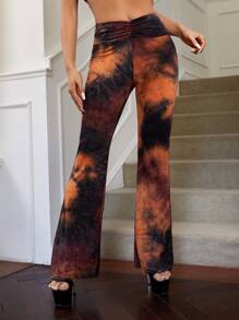 SHEIN ICON Low Rise Tie Dye Ruched Flare Leg Trousers - Multicolor - View 1
