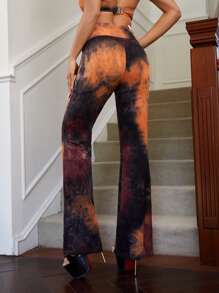 SHEIN ICON Low Rise Tie Dye Ruched Flare Leg Trousers - Multicolor - View 2