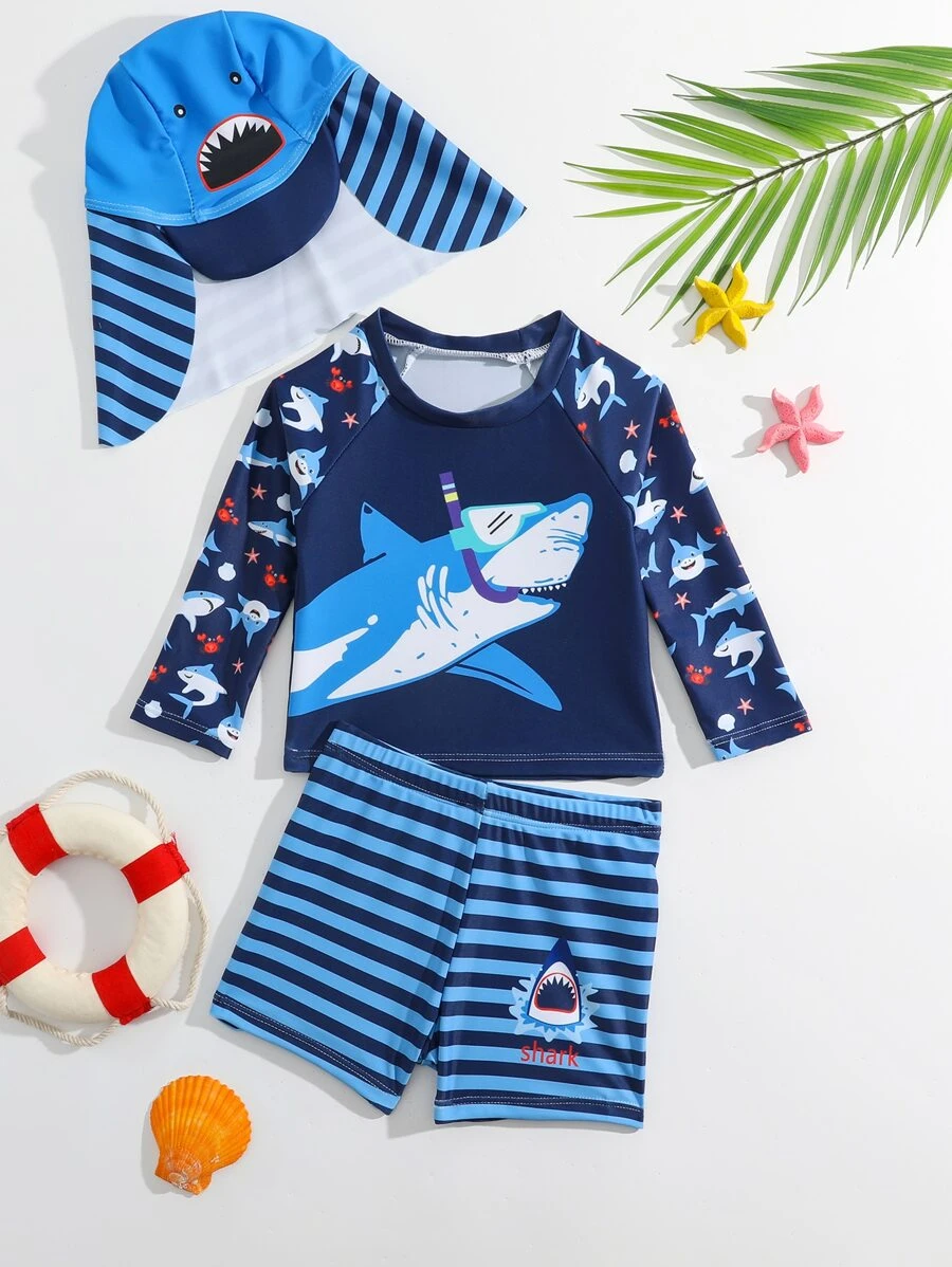 Baby Boy Cartoon Shark & Striped Swimsuit With Swim Cap - Blue - View 1