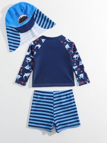 Baby Boy Cartoon Shark & Striped Swimsuit With Swim Cap - Blue - View 2