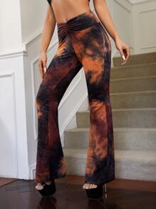 SHEIN ICON Low Rise Tie Dye Ruched Flare Leg Trousers - Multicolor - View 4