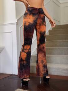 SHEIN ICON Low Rise Tie Dye Ruched Flare Leg Trousers - Multicolor - View 5