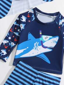 Baby Boy Cartoon Shark & Striped Swimsuit With Swim Cap - Blue - View 4
