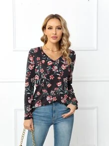 DEARCASE Floral Print V Neck Tee - Multicolor - View 1