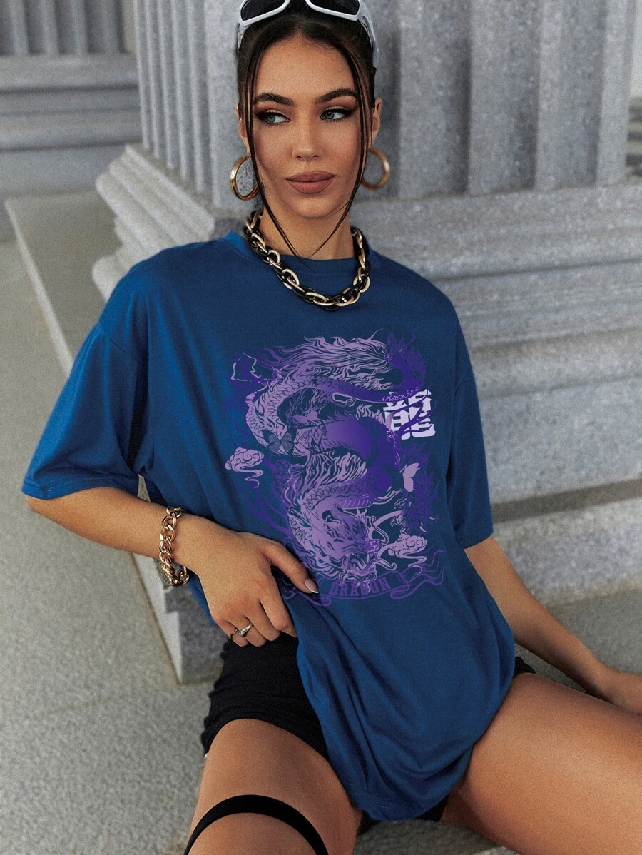 SHEIN EZwear Chinese Dragon & Letter Graphic Drop Shoulder Tee - Blue - View 1