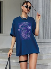 SHEIN EZwear Chinese Dragon & Letter Graphic Drop Shoulder Tee - Blue - View 4