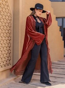 Rusttydustty Kimono Plus Size Tương phản ren màu trơn - Rỉ Nâu - Xem 3