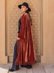 Rusttydustty Kimono Plus Size Tương phản ren màu trơn - Rỉ Nâu - Xem 5