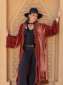 Rusttydustty Kimono Plus Size Tương phản ren màu trơn - Rỉ Nâu - Xem 6