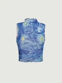 SHEIN MOD Graphic Print Lettuce Trim Tank Top - Blue - View 7