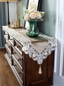 1pc Coffee Color Table Runner, European Luxury Polyester Velvet Fabric With Embroidered Leaf Pattern, Lace Hollow Edge, Suitable For Living Room, Bedroom, Dining Table, TV Cabinet, Sideboard, Chest Of Drawers - Multicolor - View 1