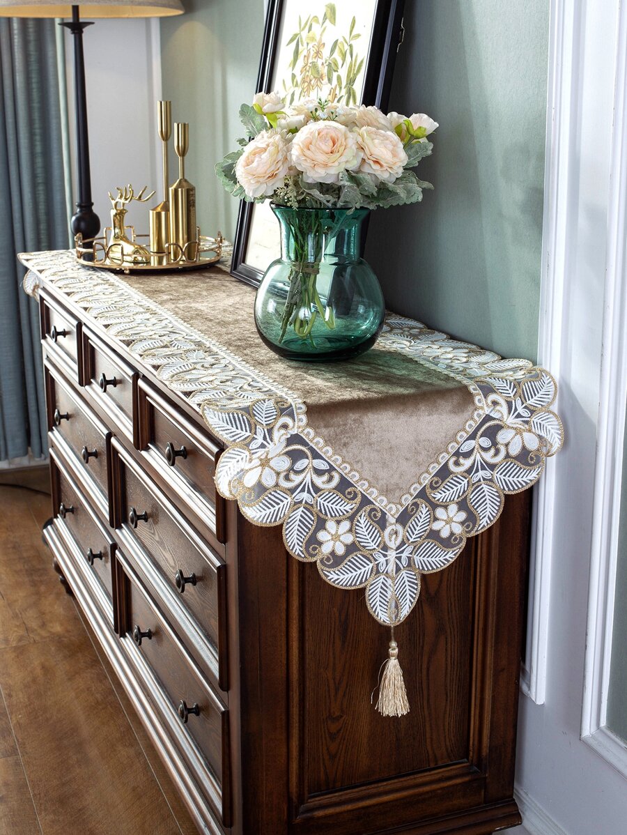 1pc Coffee Color Table Runner, European Luxury Polyester Velvet Fabric With Embroidered Leaf Pattern, Lace Hollow Edge, Suitable For Living Room, Bedroom, Dining Table, TV Cabinet, Sideboard, Chest Of Drawers - Multicolor - View 1