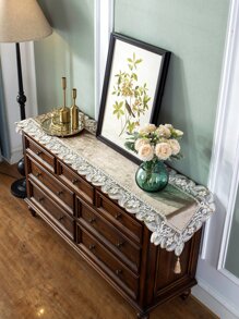 1pc Coffee Color Table Runner, European Luxury Polyester Velvet Fabric With Embroidered Leaf Pattern, Lace Hollow Edge, Suitable For Living Room, Bedroom, Dining Table, TV Cabinet, Sideboard, Chest Of Drawers - Multicolor - View 2