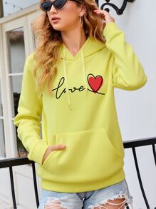 SHEIN LUNE Heart Print Kangaroo Pocket Drawstring Thermal Lined Hoodie - Yellow - View 1