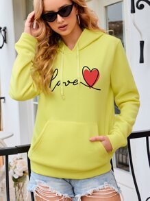 SHEIN LUNE Heart Print Kangaroo Pocket Drawstring Thermal Lined Hoodie - Yellow - View 3