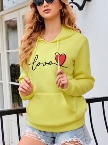 SHEIN LUNE Heart Print Kangaroo Pocket Drawstring Thermal Lined Hoodie - Yellow - View 5
