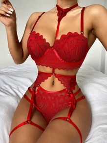 Floral Lace Underwire Garter Lingerie Set With Choker - Red - View 3