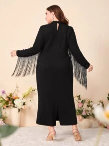 Modelyn Plus Fringe Trim Mock Neck Bodycon Dress - Black - View 3