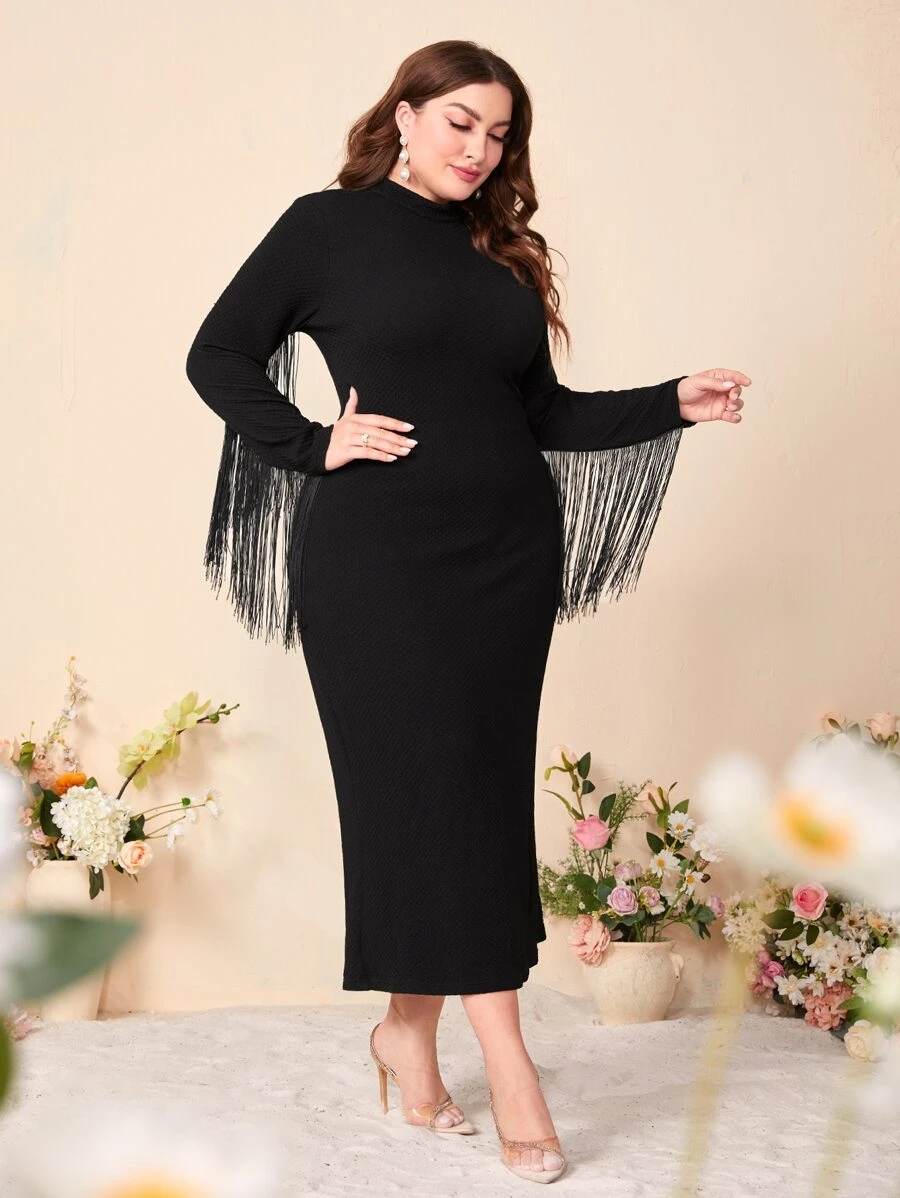 Modelyn Plus Fringe Trim Mock Neck Bodycon Dress - Black - View 1