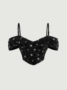 SHEIN MOD 圖案印花挖肩不對稱下擺上衣 - 黑色 - 查看 1