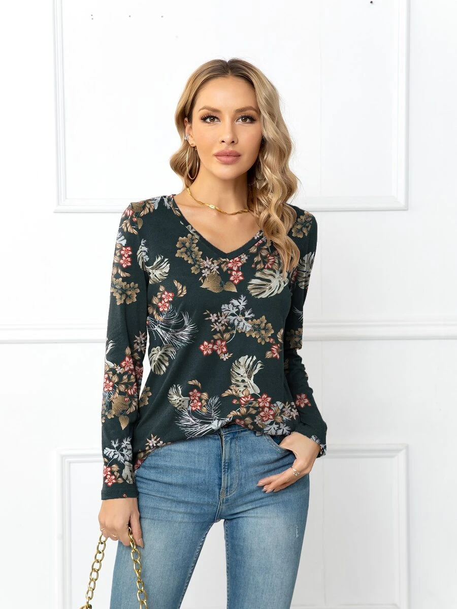 DEARCASE Floral Print V Neck Tee - Multicolor - View 1