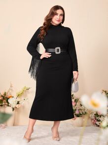 Modelyn Plus Fringe Trim Mock Neck Bodycon Dress - Black - View 5