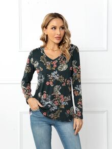 DEARCASE Floral Print V Neck Tee - Multicolor - View 3