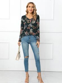 DEARCASE Floral Print V Neck Tee - Multicolor - View 4