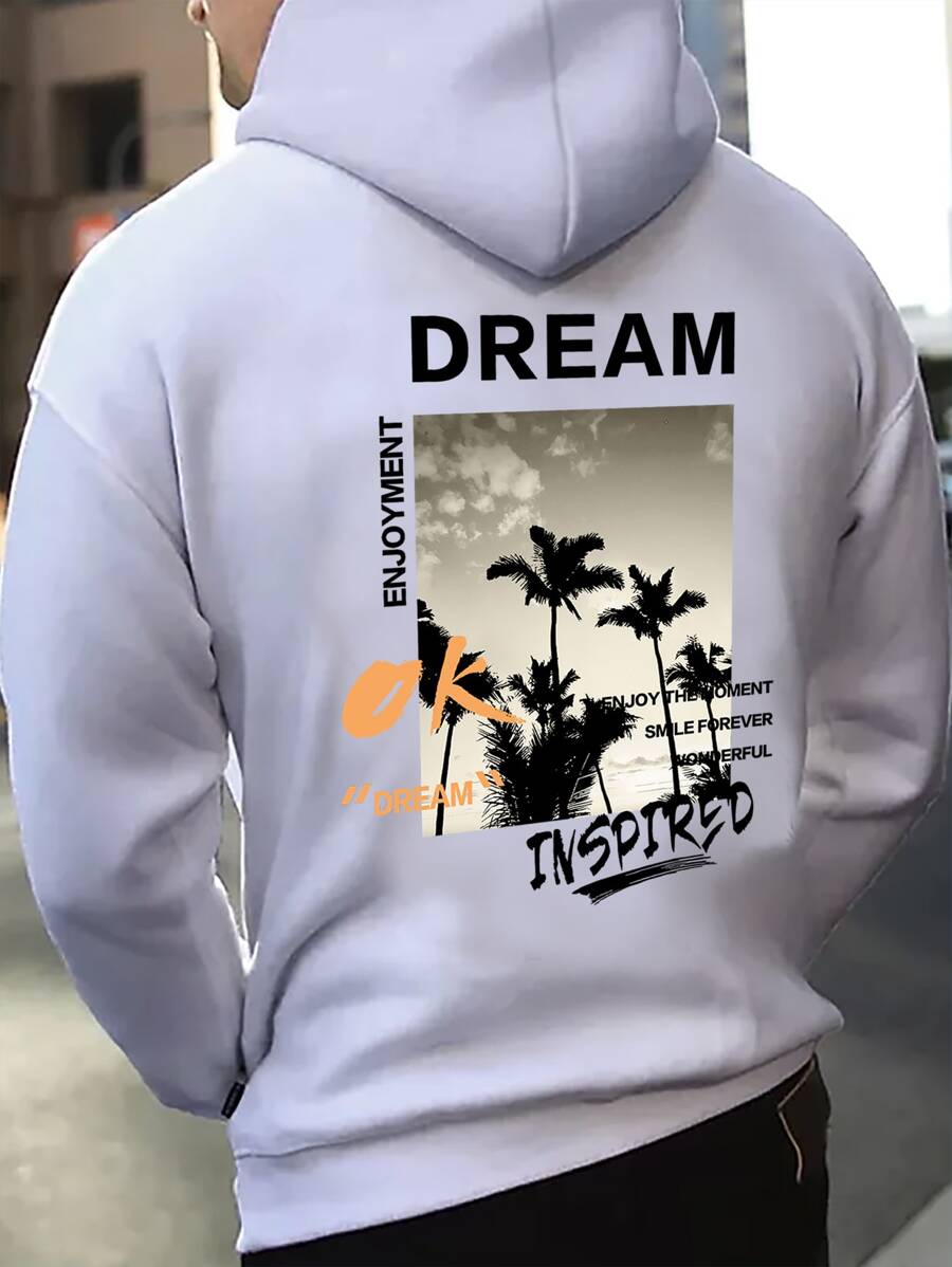 Manfinity Men Tropical And Letter Graphic Drop Shoulder Drawstring Hoodie - White - View 1