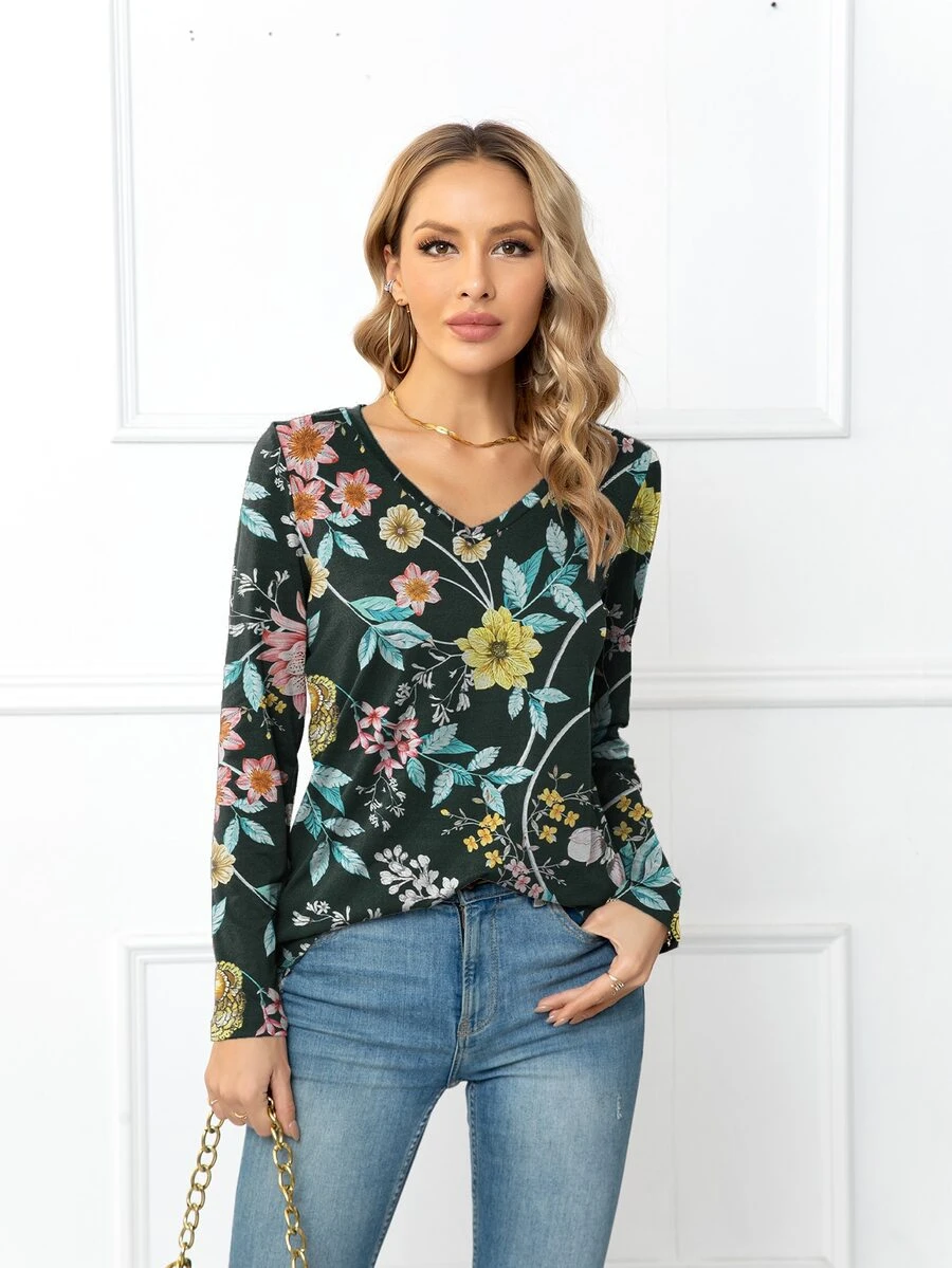 DEARCASE Floral Print V Neck Tee - Multicolor - View 1