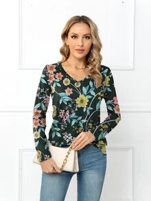 DEARCASE Floral Print V Neck Tee - Multicolor - View 3