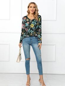 DEARCASE Floral Print V Neck Tee - Multicolor - View 4