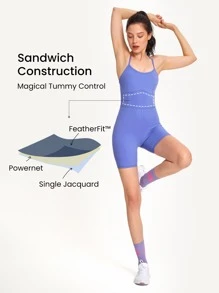 SHEIN GLOWMODE X Marika Sila  6" FeatherFit™ Tummy Control Adjustable Straps Sports Romper Low Impact Yoga Daily Summer - Periwinkle Blue - View 4