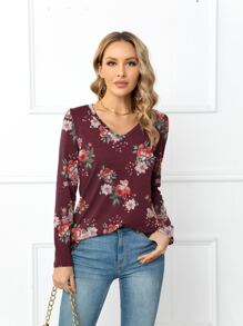 DEARCASE V Neck Floral Print Tee - Maroon - View 1