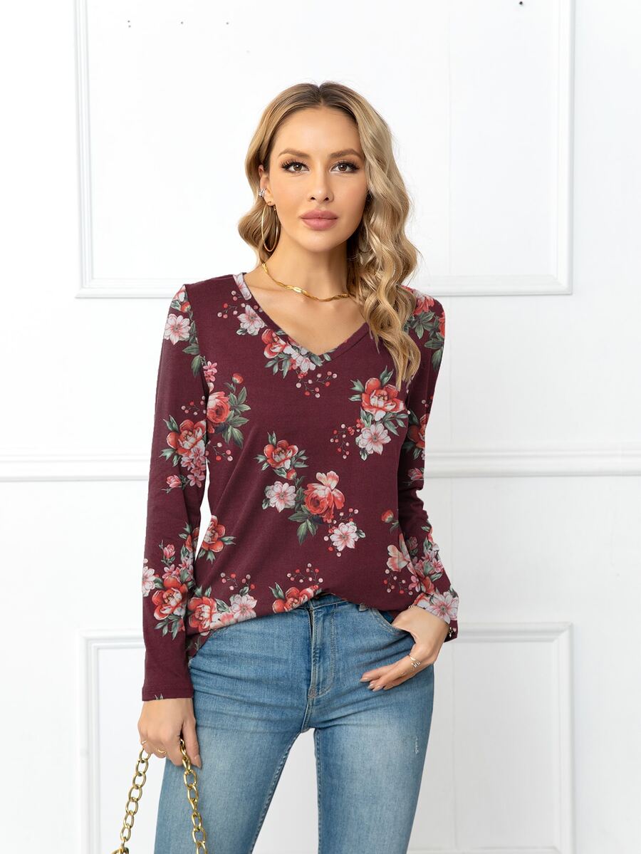 DEARCASE V Neck Floral Print Tee - Maroon - View 1