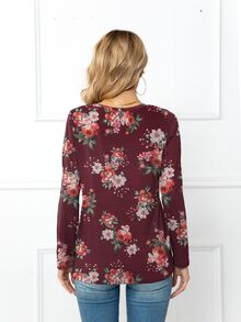 DEARCASE V Neck Floral Print Tee - Maroon - View 2