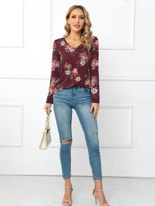 DEARCASE V Neck Floral Print Tee - Maroon - View 3