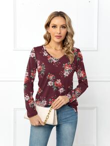 DEARCASE V Neck Floral Print Tee - Maroon - View 4