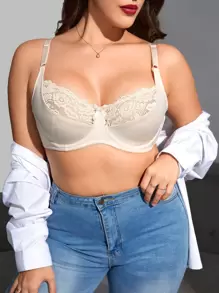 Plus Contrast Lace Underwire Bra - Beige - View 1