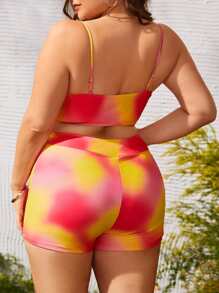 SHEIN Swim Curve Conjunto de bikini de talla grande con estampado de tie dye y cordones delanteros para verano en la playa - Multicolor - Ver 2