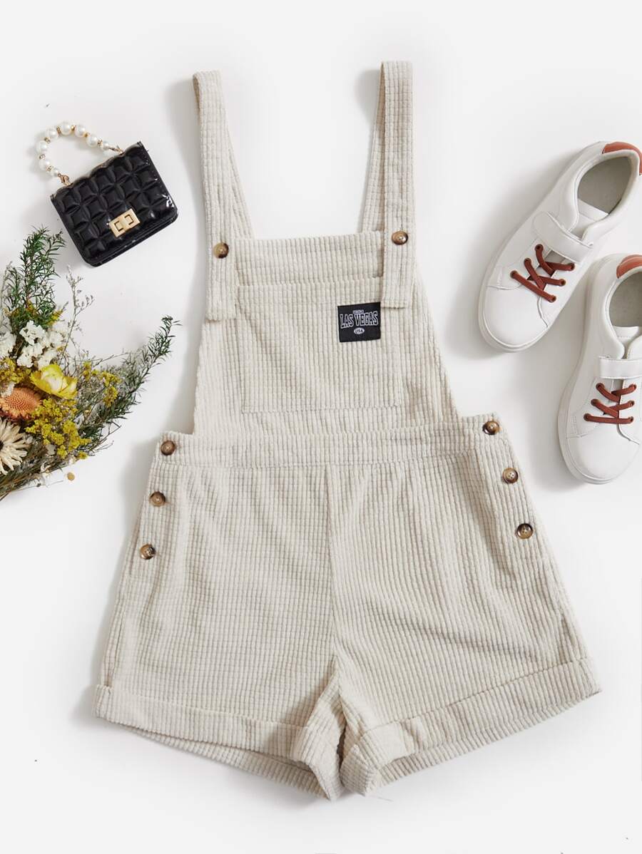 SHEIN EZwear Áo liền quần nữ Nút Đắp vá Túi màu trơn Giải trí - Màu be - Xem 1