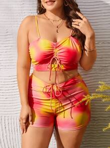 SHEIN Swim Curve Conjunto de bikini de talla grande con estampado de tie dye y cordones delanteros para verano en la playa - Multicolor - Ver 4