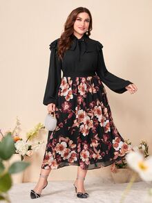 Modelyn Plus Tie Neck Ruffle Trim Top & Floral Print Skirt - Multicolor - View 2